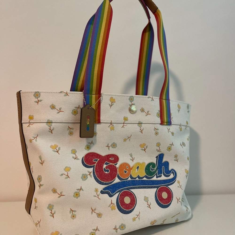 Coach White Tote Bag with Rainbow Straps New LGBTQ Pride